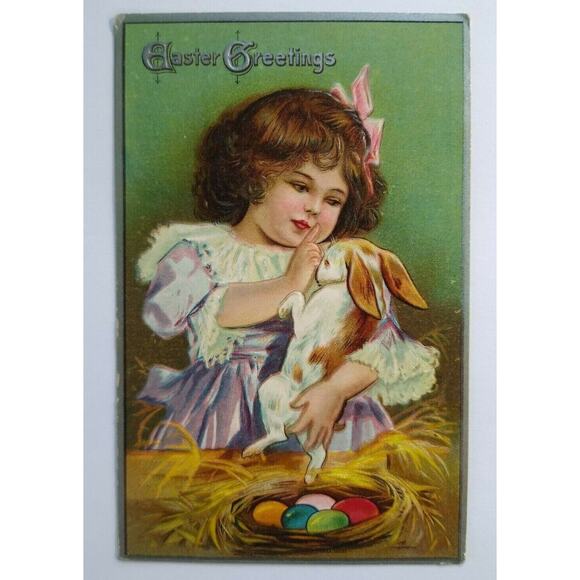 Antique Easter Greeting Postcard Bunny Girl Pastel Eggs Winsch Back Rome NY 1908 - Picture 4 of 6